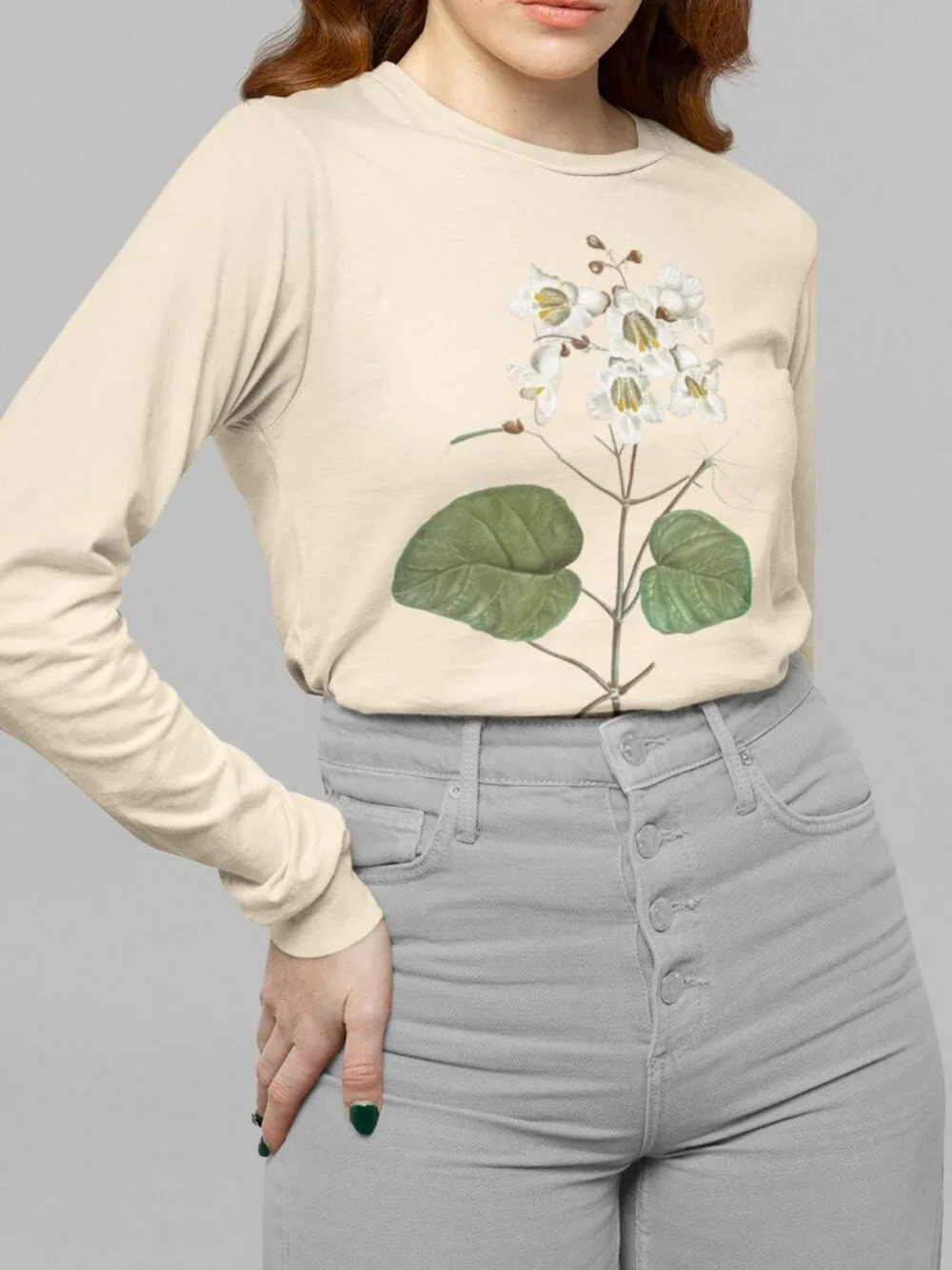 Indian Bean Tree Vintage Floral Print Long Sleeve Graphic Tee T-shirt S-XXL